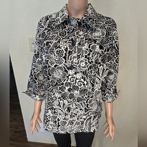 Koret  Women's Black White Floral 3/4 Sleeve Shorty Jacket Size Large